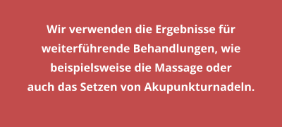 Wir verwenden die Ergebnisse für weiterführende Behandlungen, wie beispielsweise die Massage oderauch das Setzen von Akupunkturnadeln.